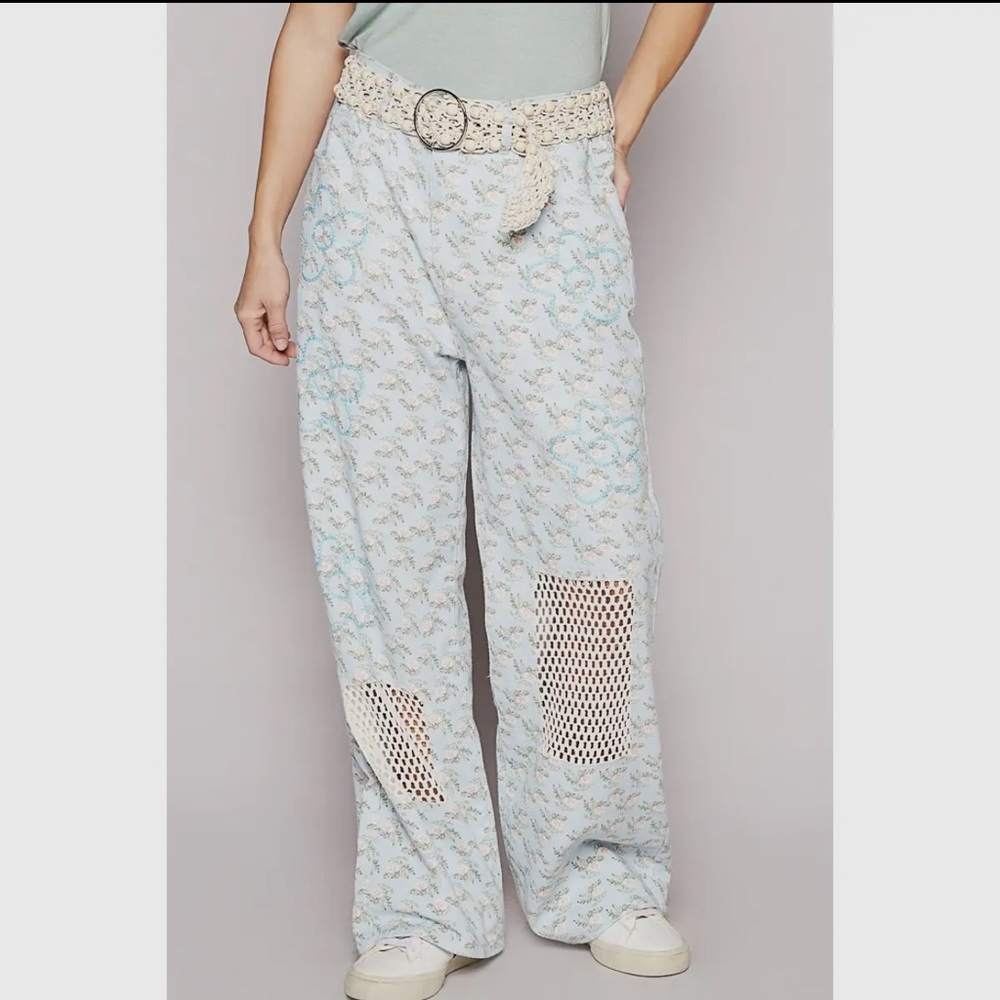 POL Light Blue Floral Straight-Leg Pants with Mesh Patches